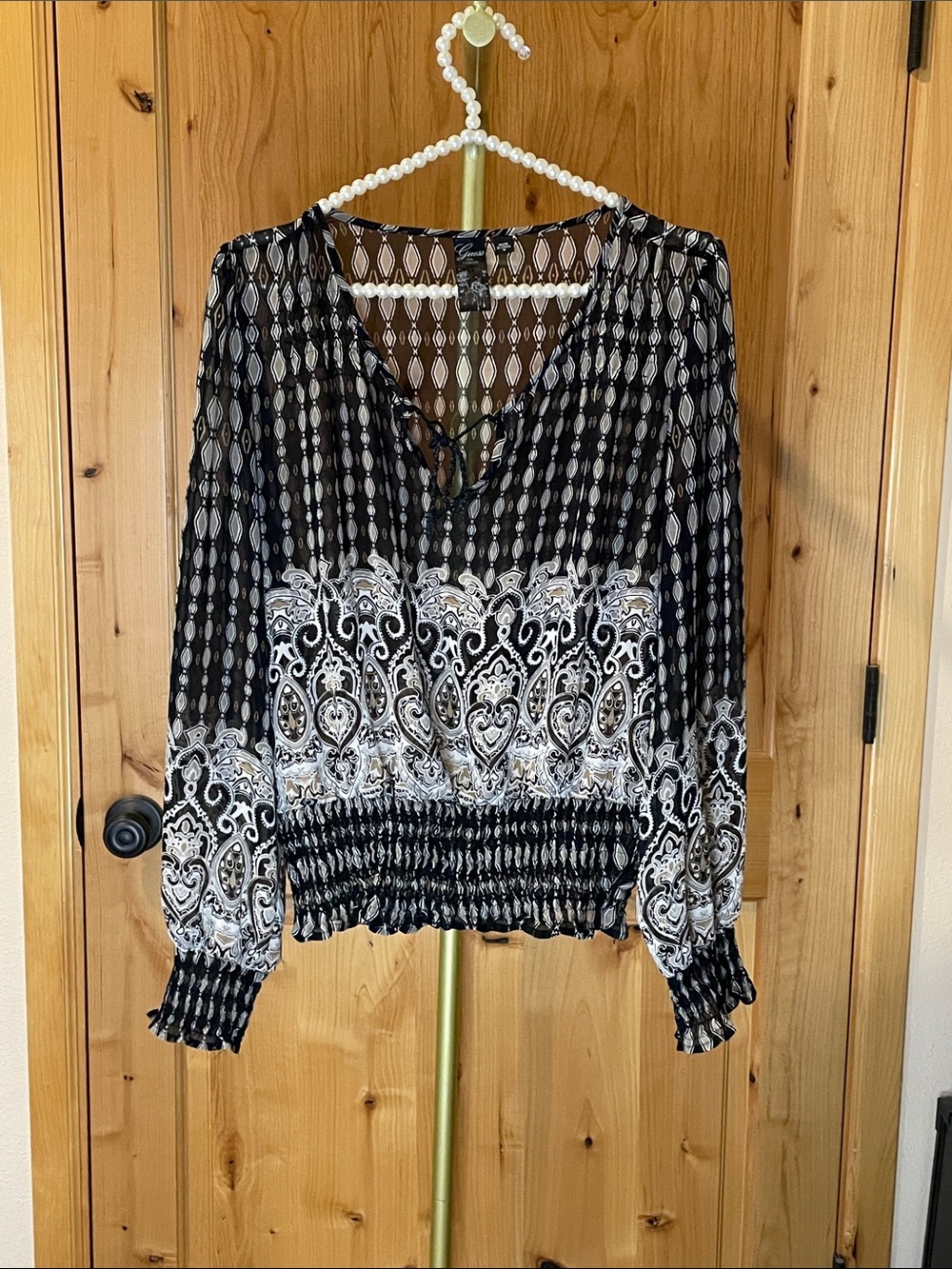 Guess Black and White Printed Peasant Top Size M
